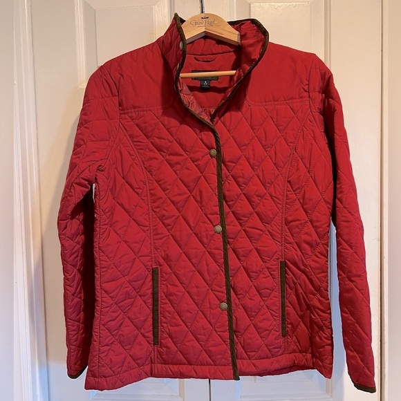 Gorgeous LANDS END Quilted, Snap Jacket -Cranberry Color, Brown Trim & POCKETS!! - Picture 1 of 12